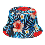 Turquoise Leaves Hibiscus Pattern Print Bucket Hat