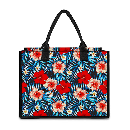 Turquoise Leaves Hibiscus Pattern Print Canvas Tote Bag