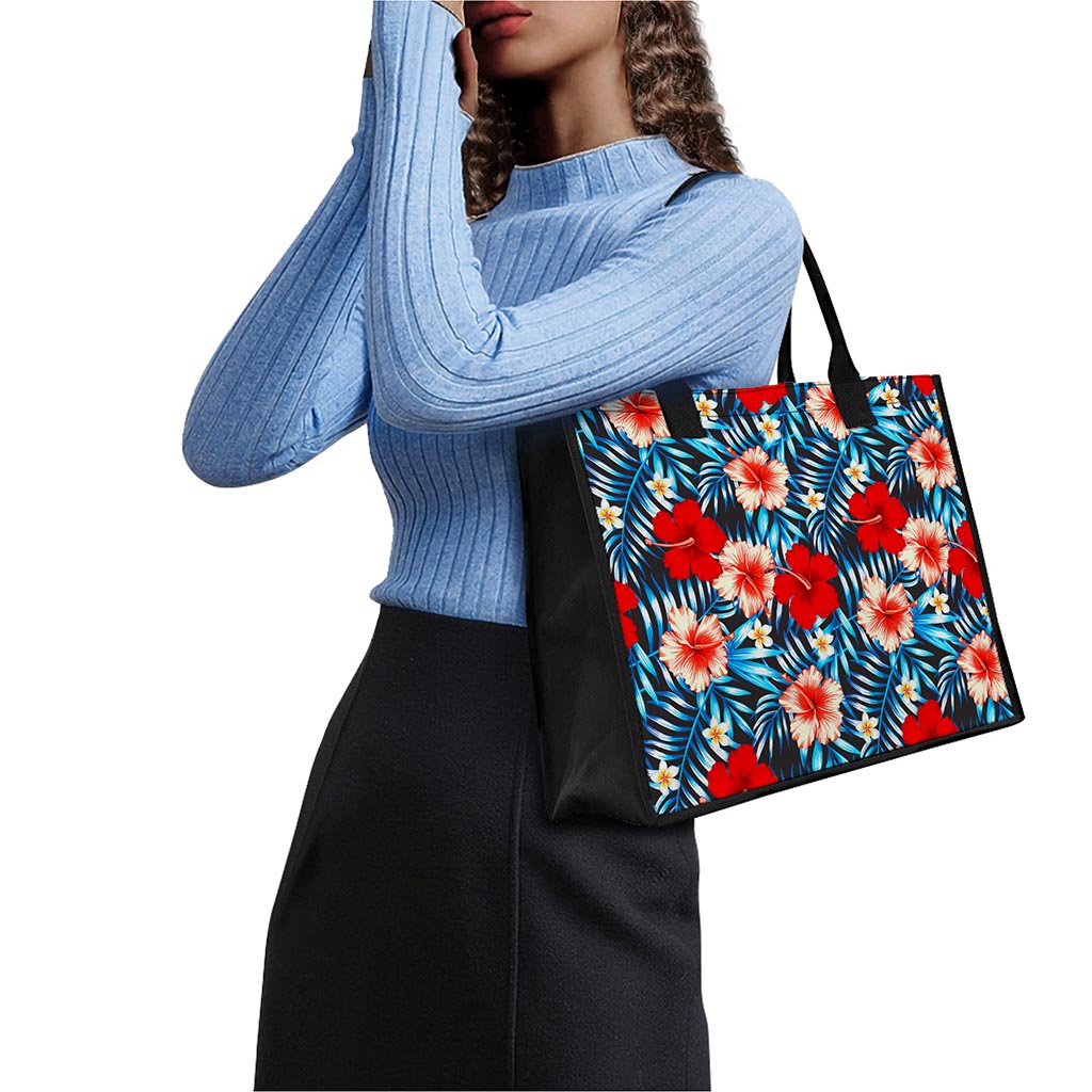 Turquoise Leaves Hibiscus Pattern Print Canvas Tote Bag