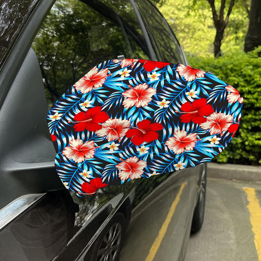 Turquoise Leaves Hibiscus Pattern Print Car Side Mirror Covers