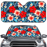 Turquoise Leaves Hibiscus Pattern Print Car Windshield Sun Shade