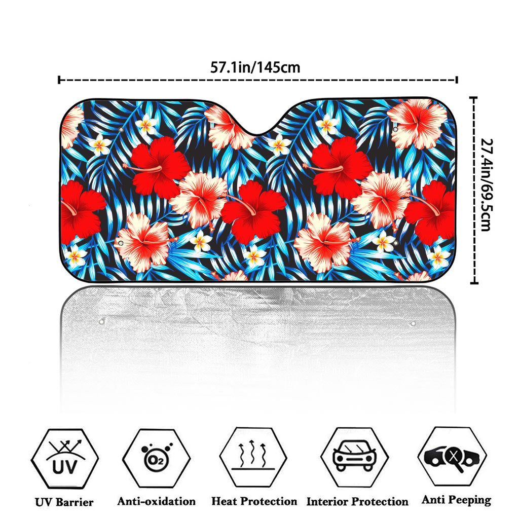 Turquoise Leaves Hibiscus Pattern Print Car Windshield Sun Shade