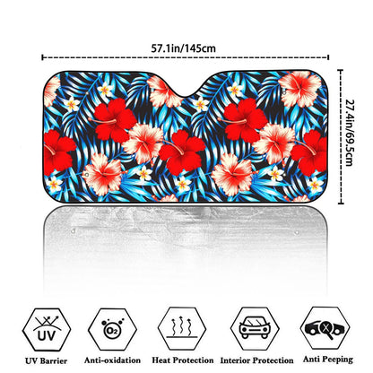 Turquoise Leaves Hibiscus Pattern Print Car Windshield Sun Shade