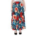 Turquoise Leaves Hibiscus Pattern Print Chiffon Maxi Skirt