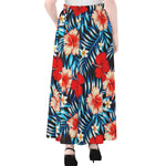 Turquoise Leaves Hibiscus Pattern Print Chiffon Maxi Skirt