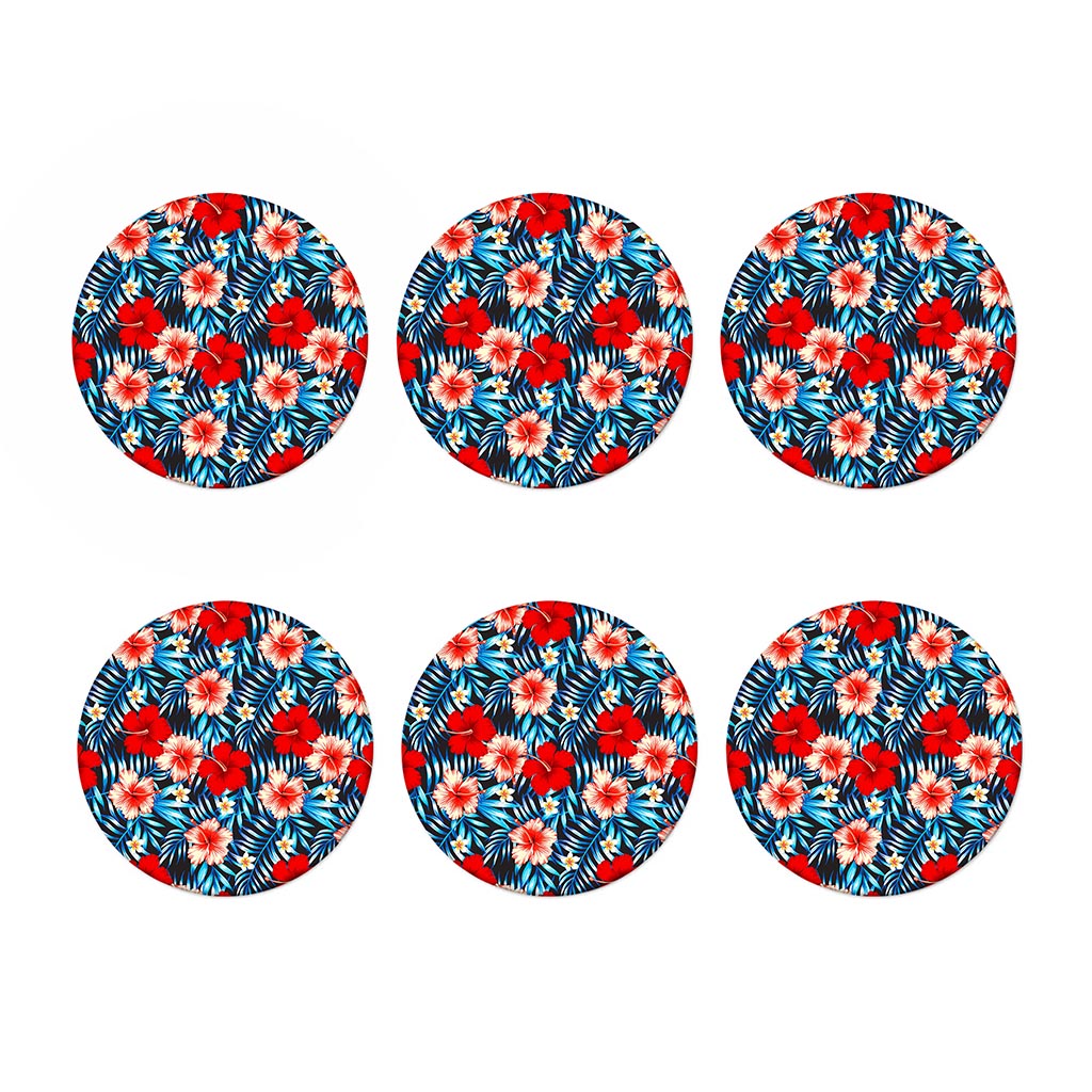 Turquoise Leaves Hibiscus Pattern Print Coaster Set