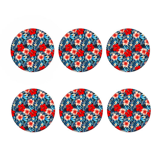Turquoise Leaves Hibiscus Pattern Print Coaster Set
