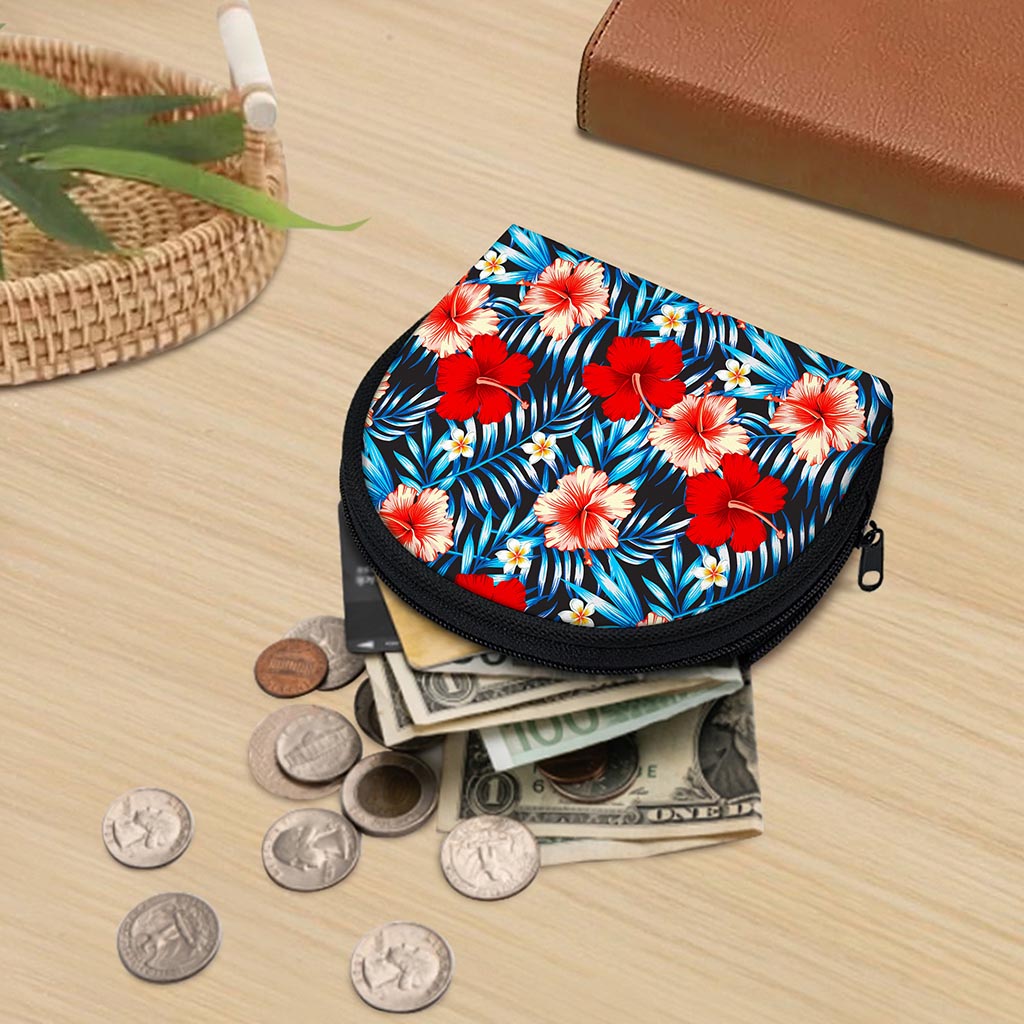 Turquoise Leaves Hibiscus Pattern Print Coin Purse
