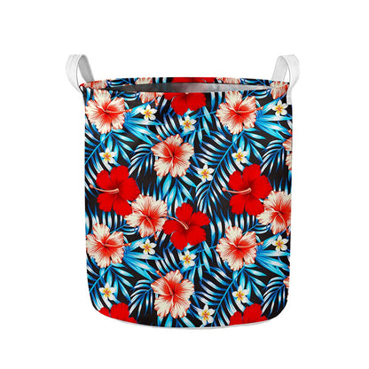 Turquoise Leaves Hibiscus Pattern Print Collapsible Laundry Basket