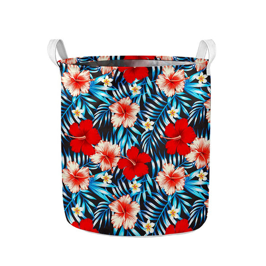 Turquoise Leaves Hibiscus Pattern Print Collapsible Laundry Basket