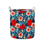 Turquoise Leaves Hibiscus Pattern Print Collapsible Laundry Basket