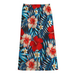 Turquoise Leaves Hibiscus Pattern Print Cotton Front Slit Maxi Skirt