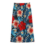 Turquoise Leaves Hibiscus Pattern Print Cotton Front Slit Maxi Skirt