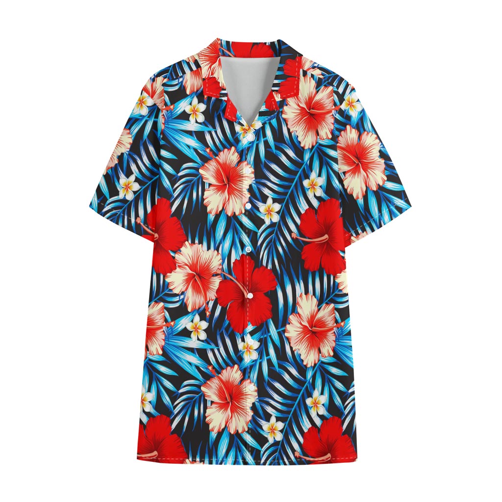 Turquoise Leaves Hibiscus Pattern Print Cotton Hawaiian Shirt