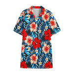 Turquoise Leaves Hibiscus Pattern Print Cotton Hawaiian Shirt