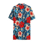 Turquoise Leaves Hibiscus Pattern Print Cotton Hawaiian Shirt