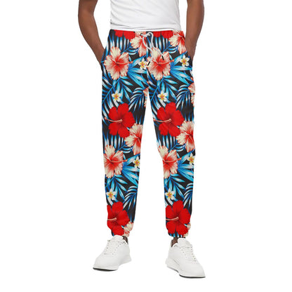 Turquoise Leaves Hibiscus Pattern Print Cotton Pants
