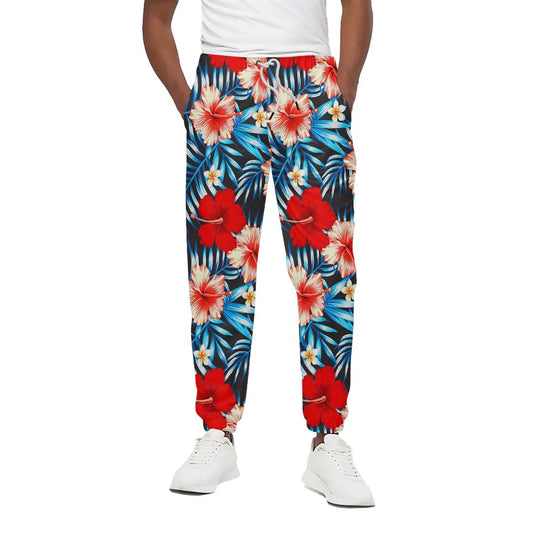 Turquoise Leaves Hibiscus Pattern Print Cotton Pants