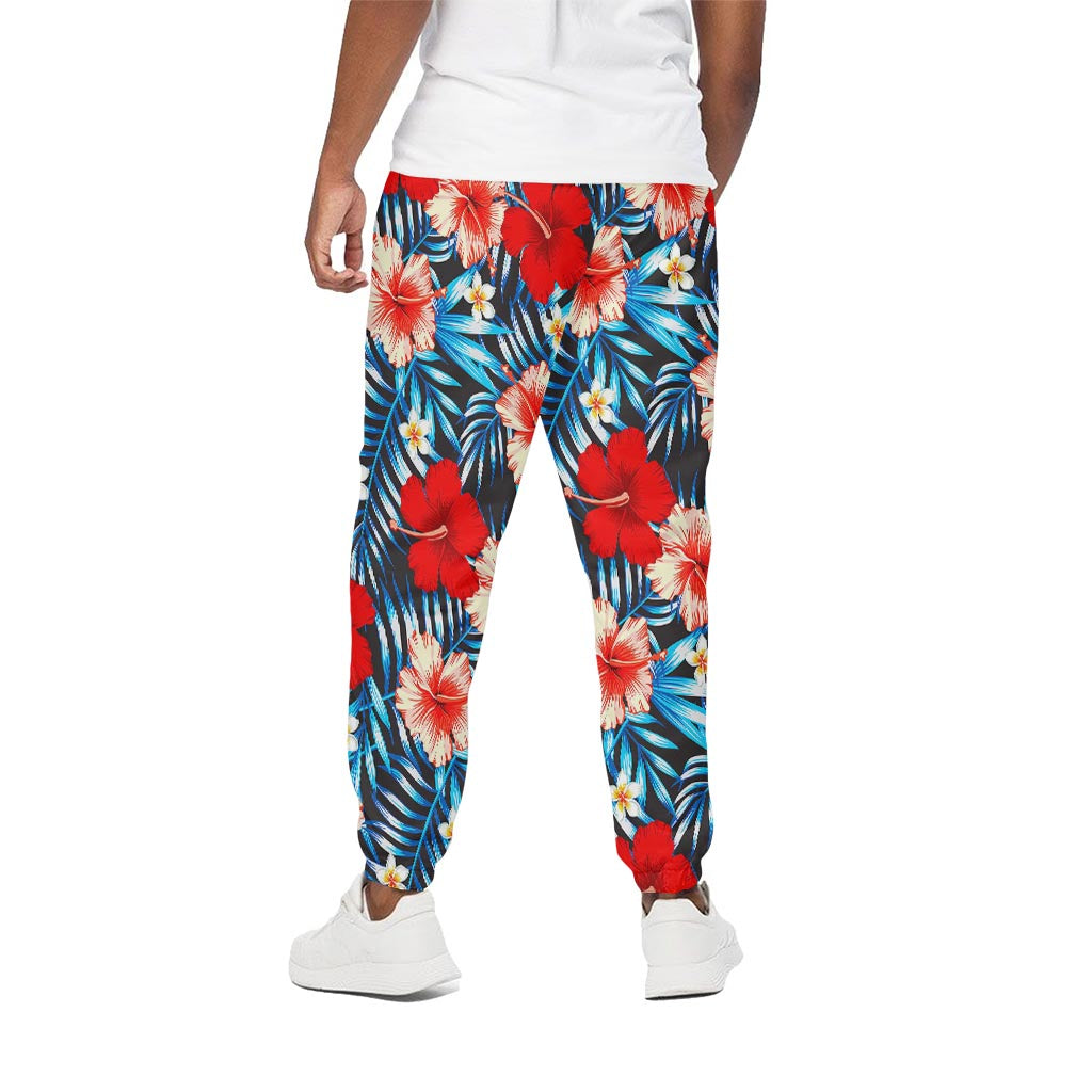 Turquoise Leaves Hibiscus Pattern Print Cotton Pants