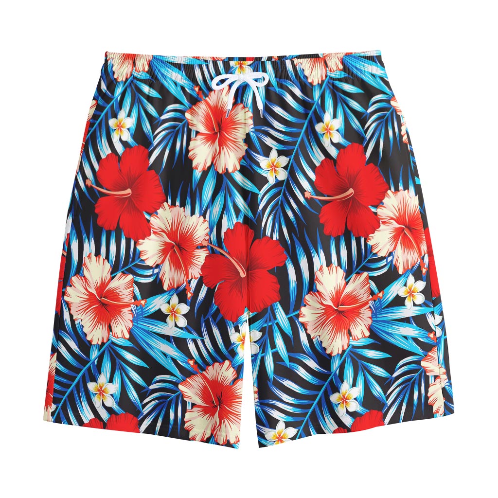 Turquoise Leaves Hibiscus Pattern Print Cotton Shorts