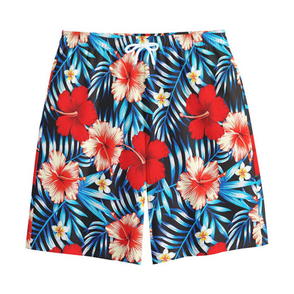 Turquoise Leaves Hibiscus Pattern Print Cotton Shorts