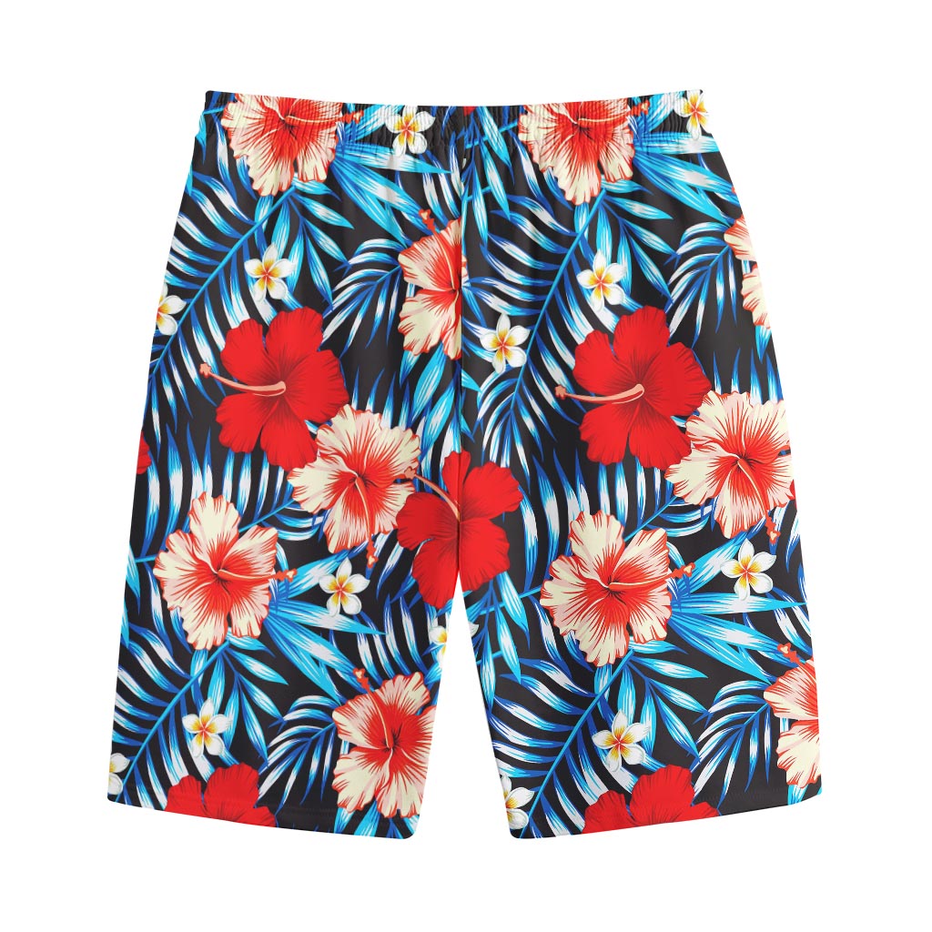 Turquoise Leaves Hibiscus Pattern Print Cotton Shorts