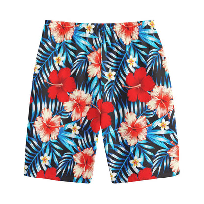 Turquoise Leaves Hibiscus Pattern Print Cotton Shorts