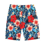 Turquoise Leaves Hibiscus Pattern Print Cotton Shorts