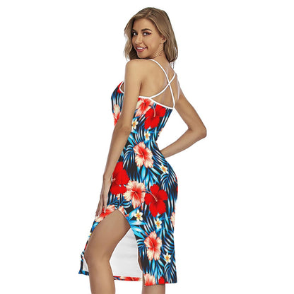 Turquoise Leaves Hibiscus Pattern Print Cross Back Cami Dress