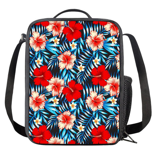 Turquoise Leaves Hibiscus Pattern Print Crossbody Lunch Bag