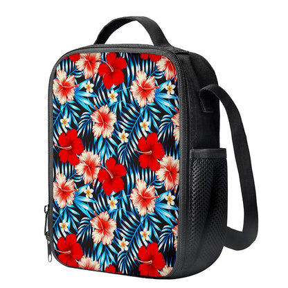 Turquoise Leaves Hibiscus Pattern Print Crossbody Lunch Bag