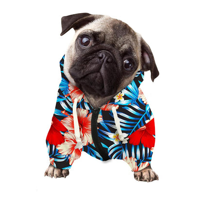 Turquoise Leaves Hibiscus Pattern Print Dog Zip Up Hoodie