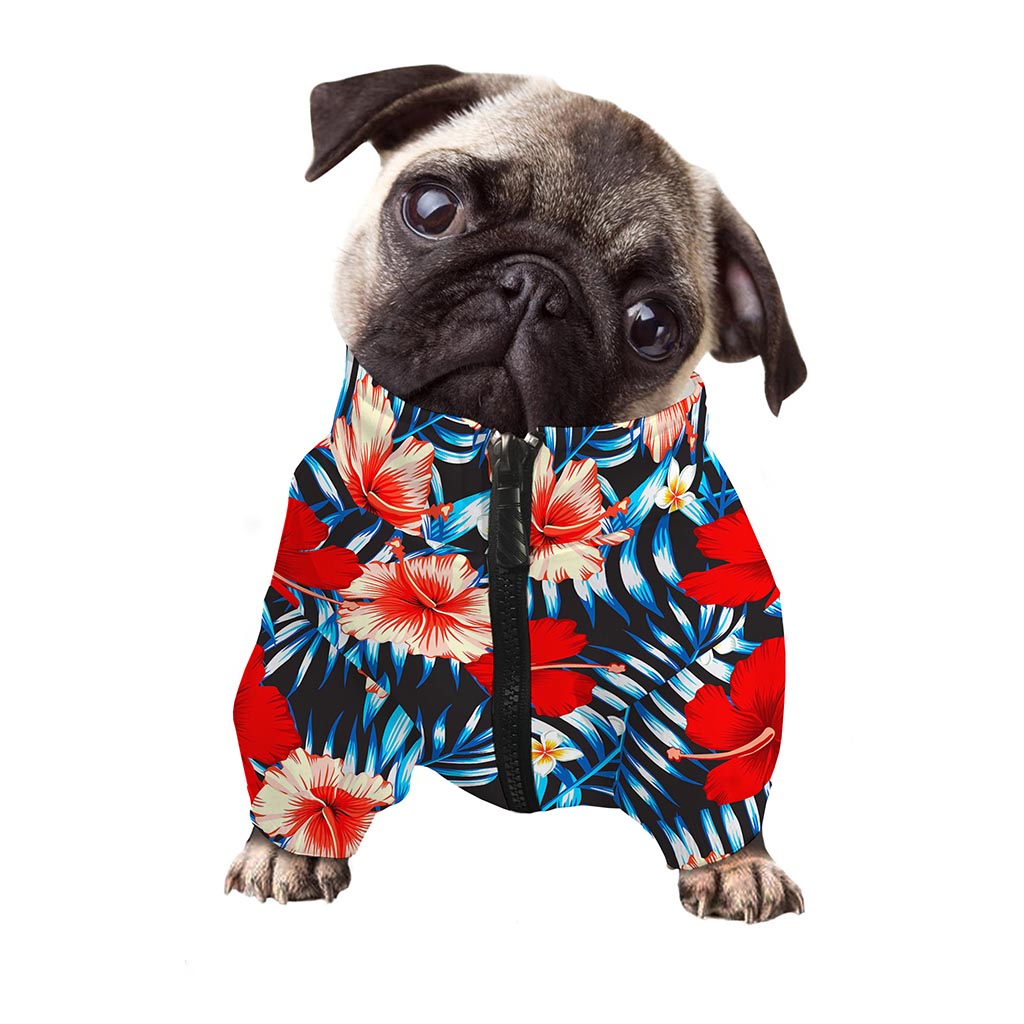 Turquoise Leaves Hibiscus Pattern Print Dog Zip Up Jacket