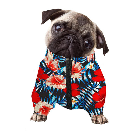 Turquoise Leaves Hibiscus Pattern Print Dog Zip Up Jacket