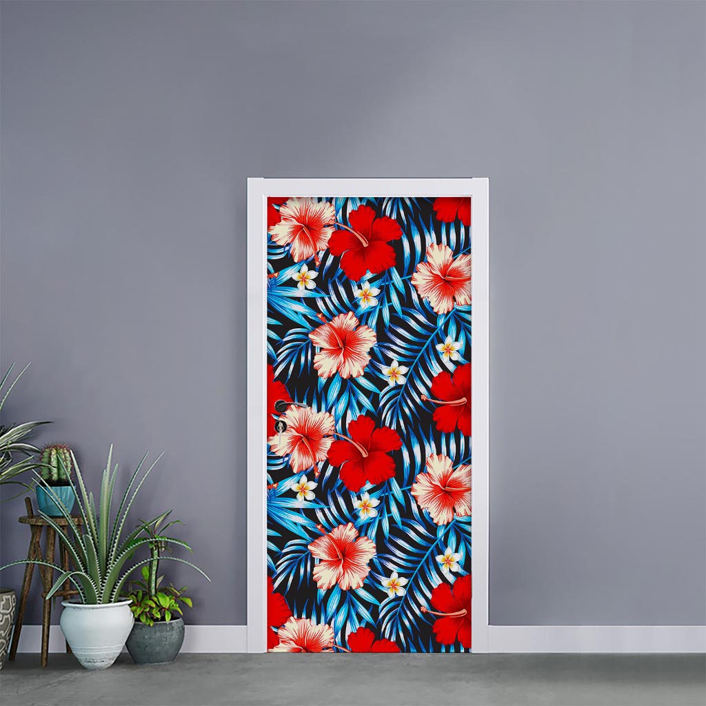 Turquoise Leaves Hibiscus Pattern Print Door Sticker