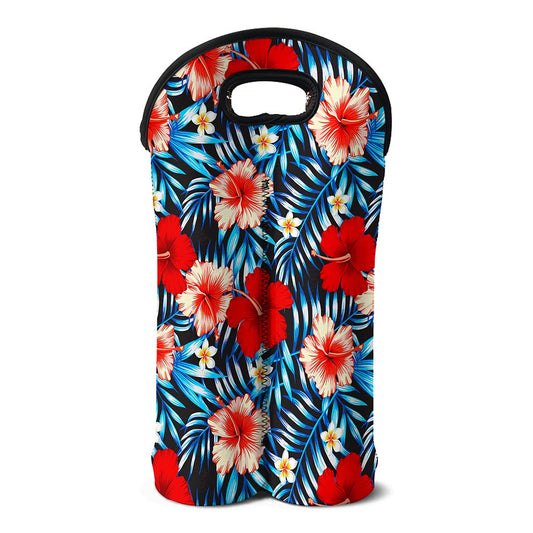 Turquoise Leaves Hibiscus Pattern Print Double Neoprene Wine Tote