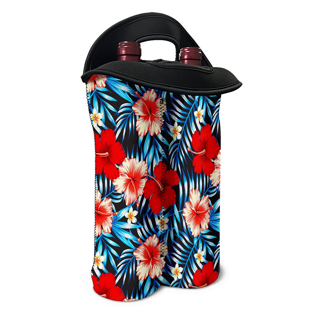 Turquoise Leaves Hibiscus Pattern Print Double Neoprene Wine Tote