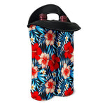 Turquoise Leaves Hibiscus Pattern Print Double Neoprene Wine Tote