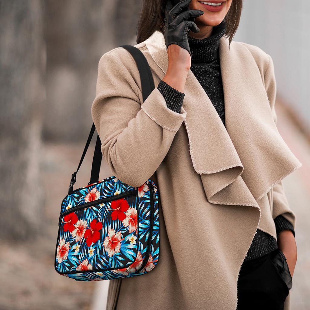 Turquoise Leaves Hibiscus Pattern Print Double Strap Bible Bag
