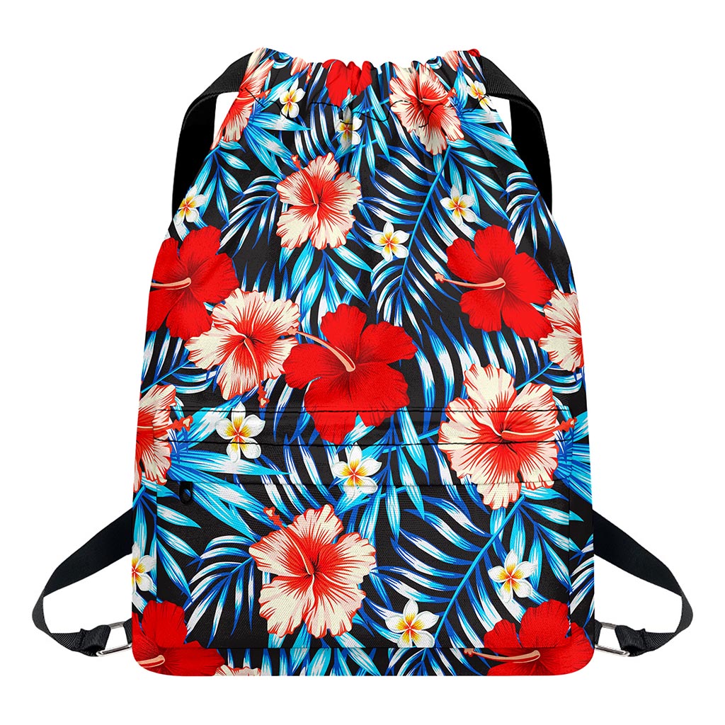 Turquoise Leaves Hibiscus Pattern Print Drawstring Backpack