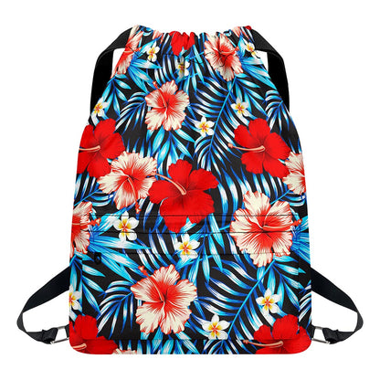 Turquoise Leaves Hibiscus Pattern Print Drawstring Backpack