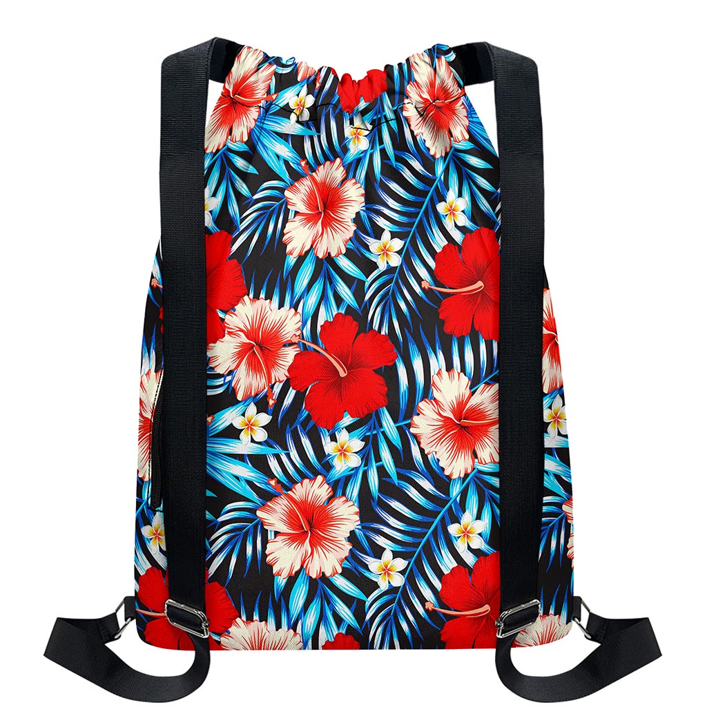 Turquoise Leaves Hibiscus Pattern Print Drawstring Backpack