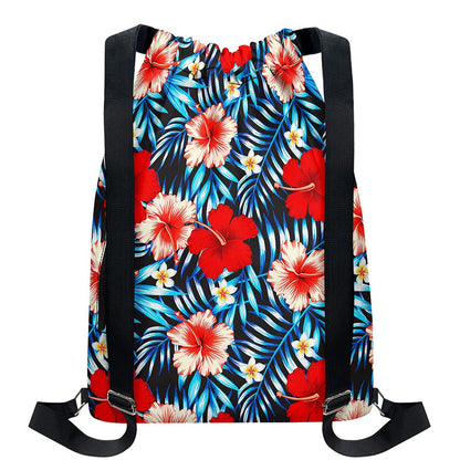 Turquoise Leaves Hibiscus Pattern Print Drawstring Backpack
