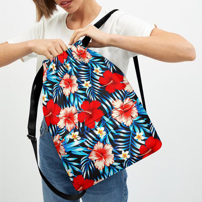 Turquoise Leaves Hibiscus Pattern Print Drawstring Backpack