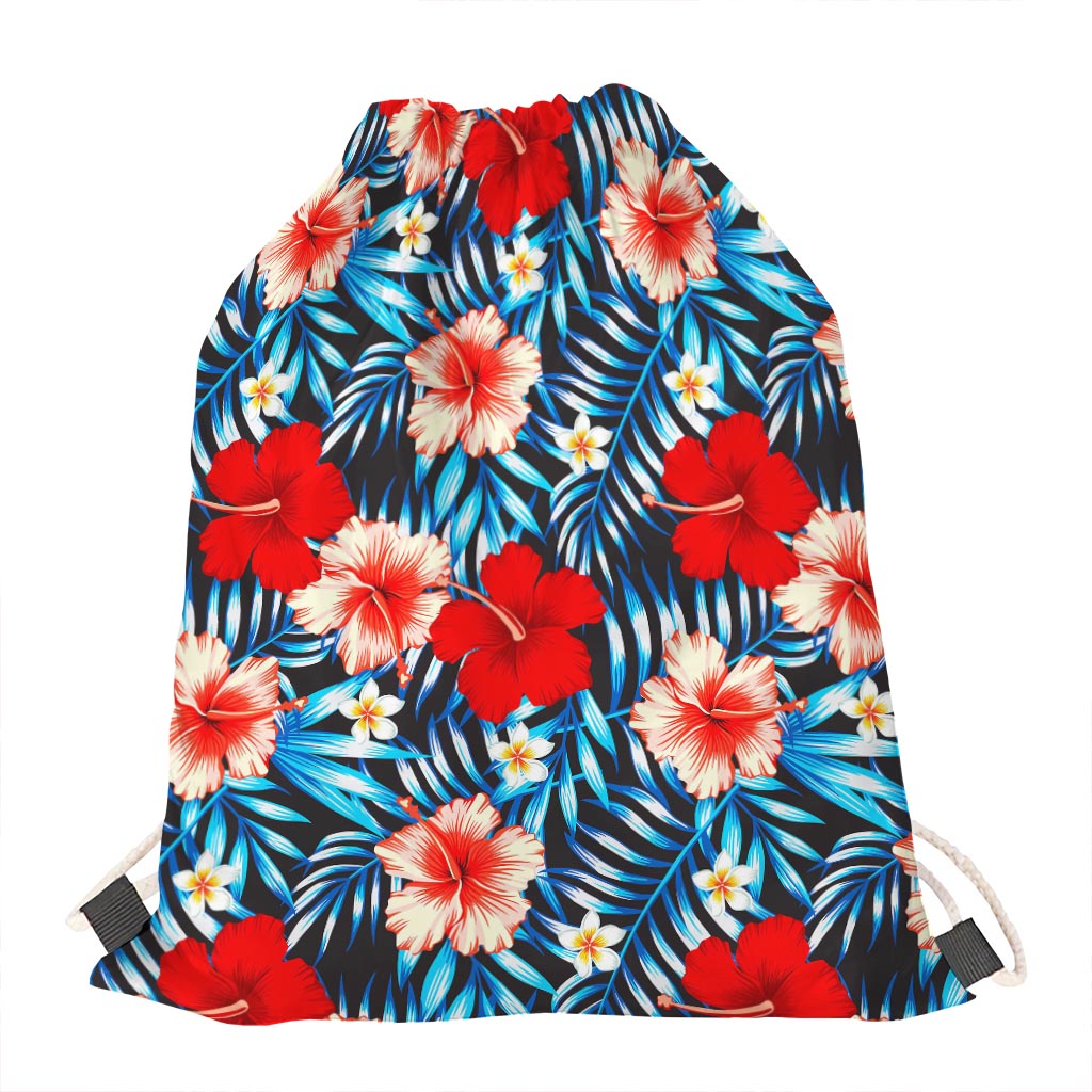 Turquoise Leaves Hibiscus Pattern Print Drawstring Bag