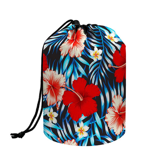 Turquoise Leaves Hibiscus Pattern Print Drawstring Makeup Bag