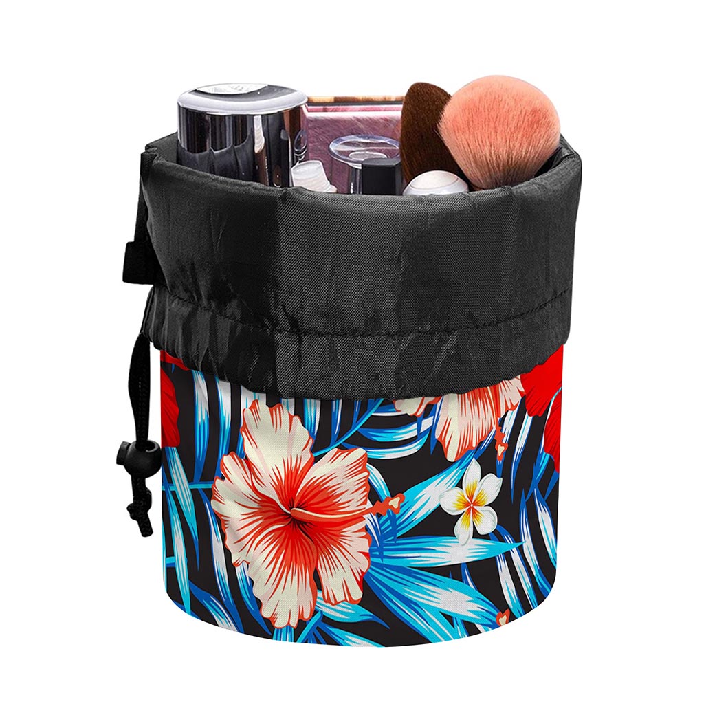 Turquoise Leaves Hibiscus Pattern Print Drawstring Makeup Bag