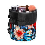 Turquoise Leaves Hibiscus Pattern Print Drawstring Makeup Bag