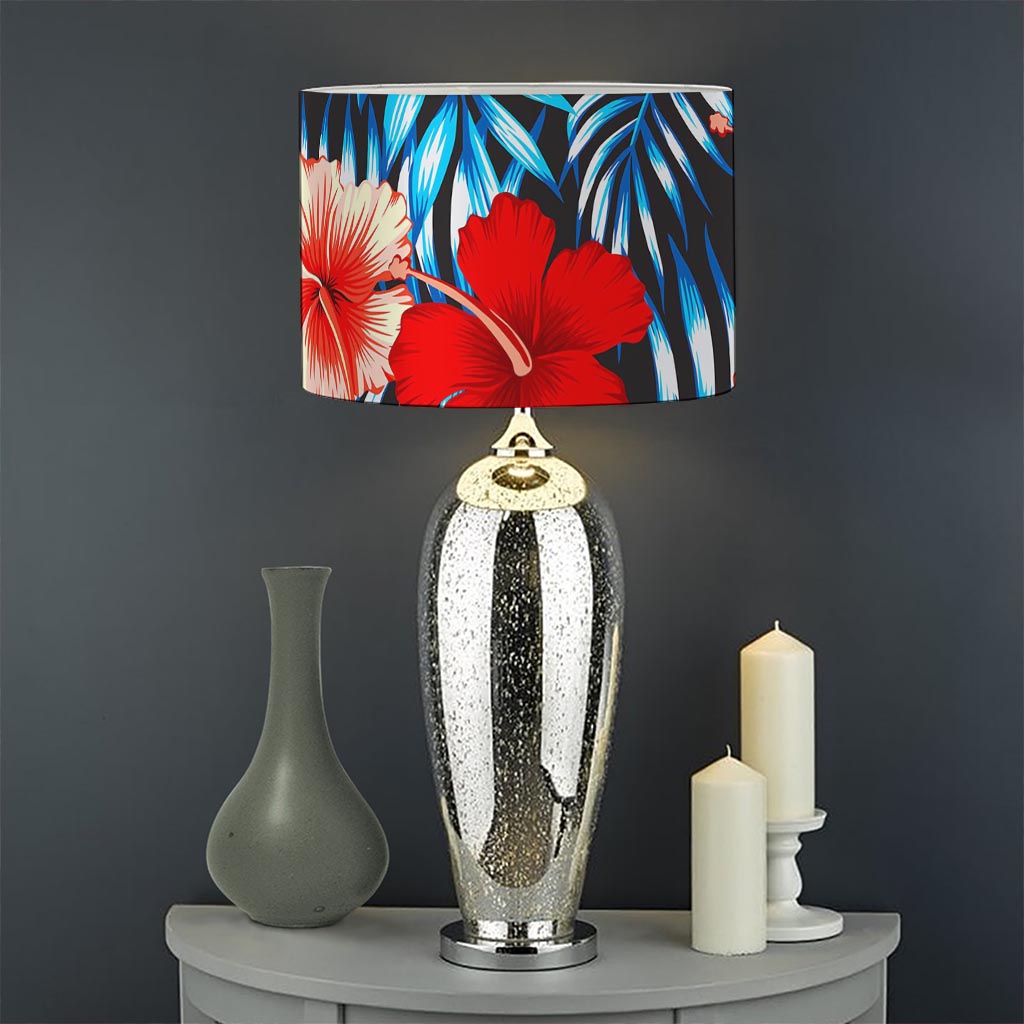 Turquoise Leaves Hibiscus Pattern Print Drum Lamp Shade