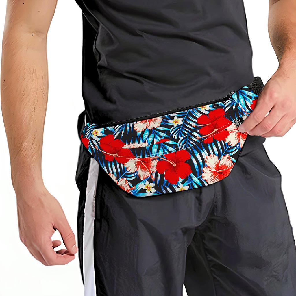 Turquoise Leaves Hibiscus Pattern Print Fanny Pack